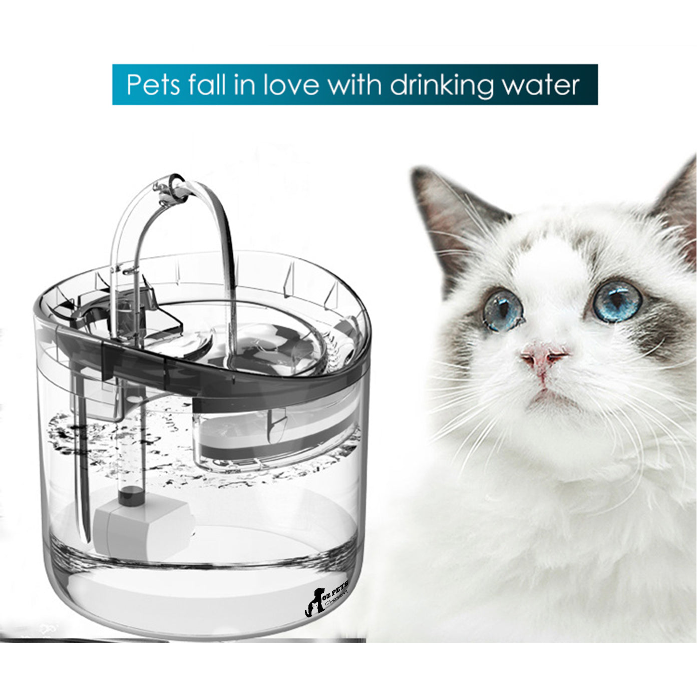 OZ PETS CHOSEN Cat Water Fountain, 1.8L Clear Automatic Water Dispenser for Pet Drinking Fountain, Dog Water Dispenser, Ultra Quiet, Adjustable Water Flow, Activated Carbon.